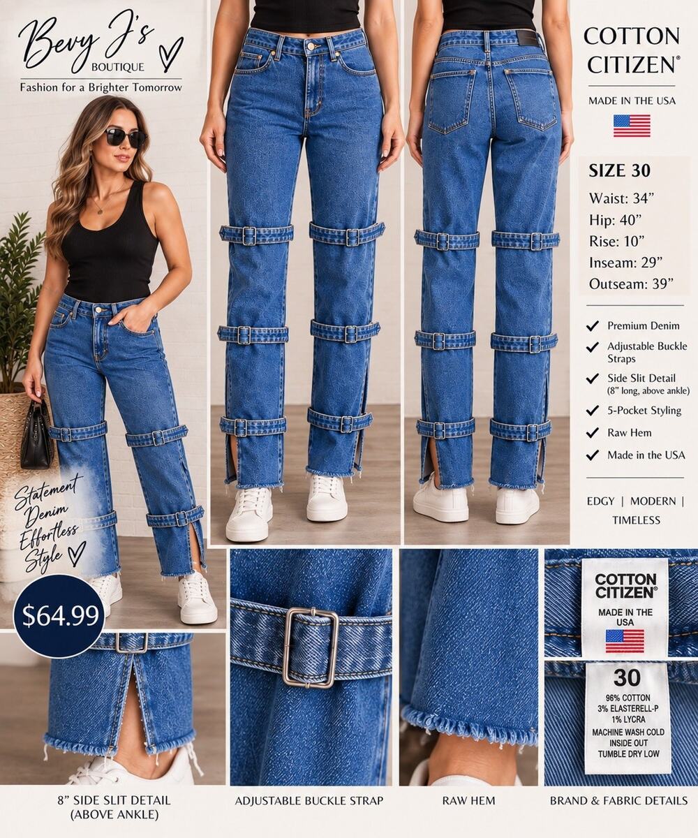 Cotton Citizen Jeans Womens 30 Blue Denim Buckle Strap Cutout Raw Hem USA Made